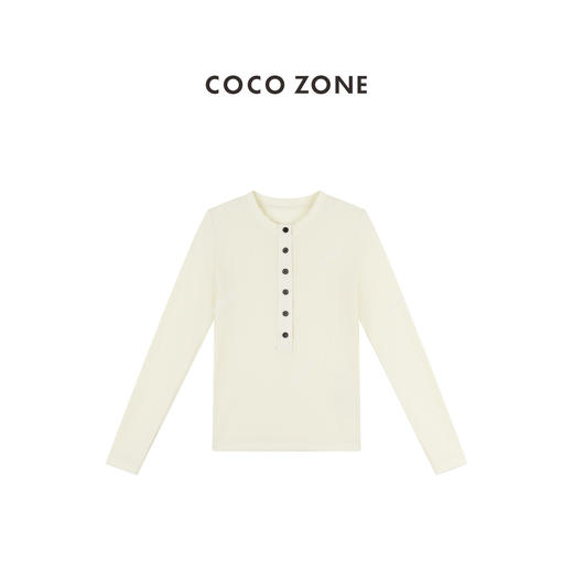COCO ZONE 莱赛尔棉混纺设计感纽扣圆领长袖T恤CC1C1835 商品图1