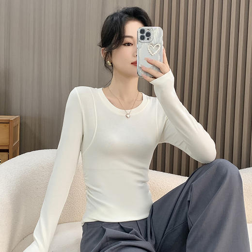 秋冬螺纹内搭修身收腰长袖打底衫女有设计感上衣百搭t恤针织衫 商品图0