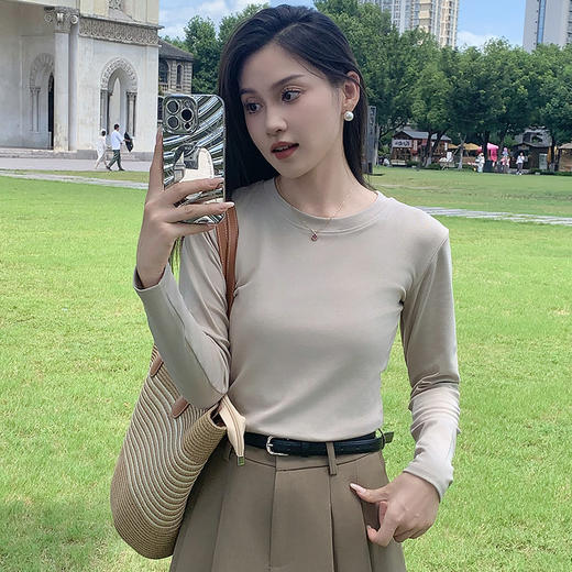 秋冬季新款保暖圆领打底衫女洋气百搭纯色长袖t恤女上衣外穿针织衫内搭 商品图1