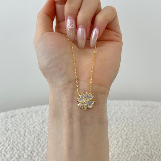 s925纯银心形爱心贝母锆石拼接四叶草百搭项链 商品图2