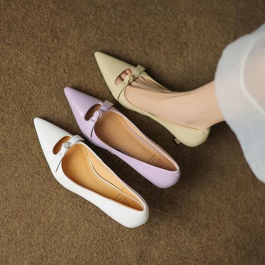 【预售5天】里外全皮细跟尖头蝴蝶结镂空浅口单鞋头层牛皮韩版时尚淑女高跟鞋HTK&F1077-22 商品图4