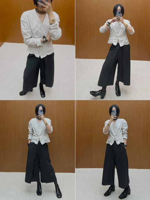 HIDEMI 极简设计感立裁抽皱式v领弧形长袖短款收腰显瘦衬衫 海鸥灰/黑色 商品图1