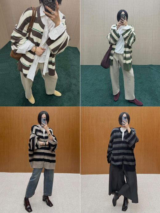 HIDEMI 【当当同款】进口羊驼毛混纺多股纱线条纹松弛感大廓形圆领纽扣开衫外套 黑灰条纹/绿紫条纹/棕绿条纹/灰粉条纹 商品图1