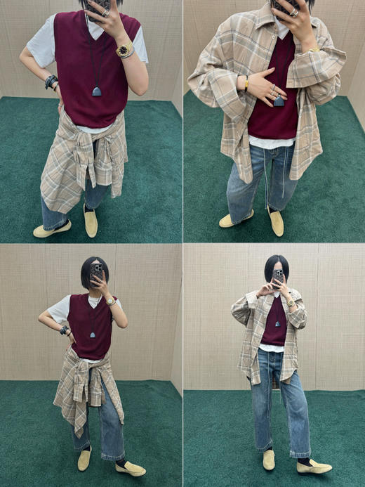 HIDEMI 【吴谨言同款】复古色织格纹长绒感磨毛高品质极简廓形纽扣衬衫 卡其米格/奶白格 商品图2