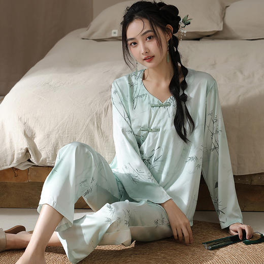 新中式盘扣国风春秋季新款睡衣冰雪丝长袖国潮睡衣优雅端庄家居服休闲舒适套装 商品图7