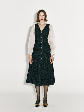 【巴塞罗那之旅】复古粗花呢纱袖拼接收腰A字连衣裙