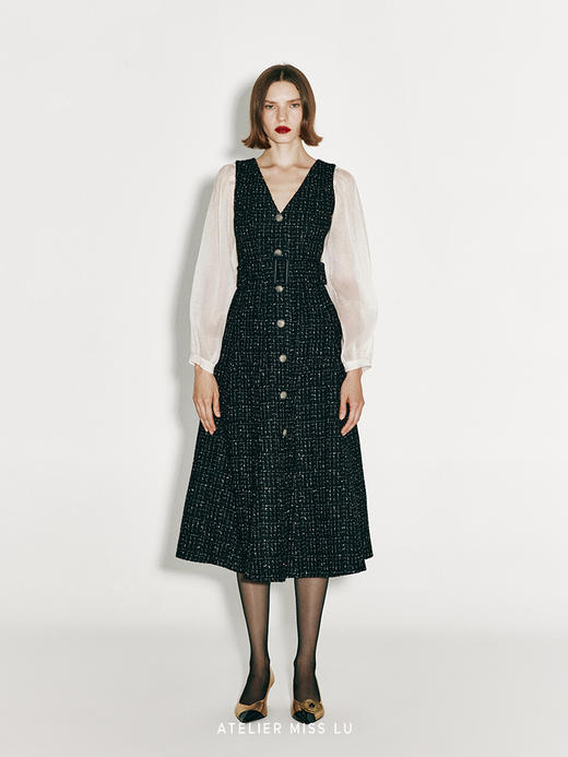 【巴塞罗那之旅】复古粗花呢纱袖拼接收腰A字连衣裙 商品图0