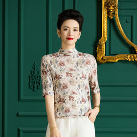 雀说薄款印花羊毛针织衫复古半高领毛衣女套头羊毛衫ALFY505