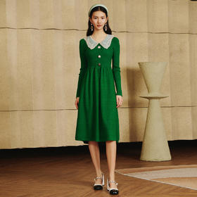 法式复古刺绣领松石绿毛针织连衣裙秋季裙子