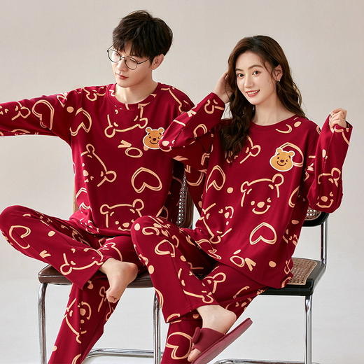秋冬季大红结婚情侣睡衣男女秋款长袖长裤家居服套装喜庆婚庆新婚睡衣本命年红色睡衣 商品图0