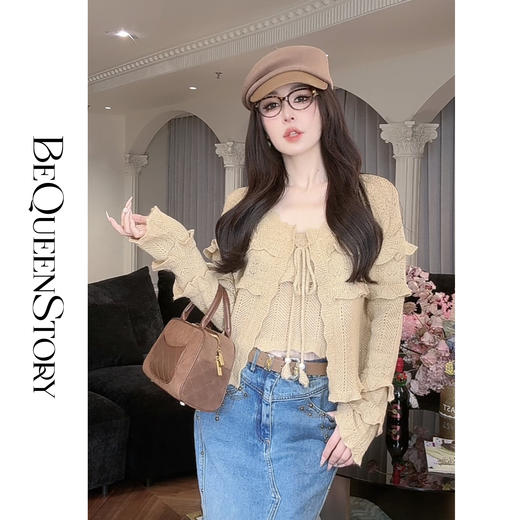 【年终福利，不退不换】  【抹茶千层】设计感荷叶边针织正肩短款上衣&吊带套装 商品图4