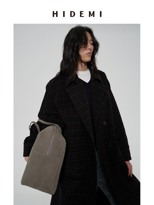 HIDEMI 甄选色织格纹羊毛翻领斗篷式大廓形蝙蝠袖长款大衣 商品图4
