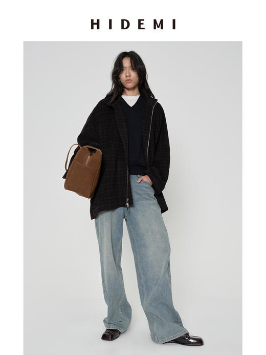 HIDEMI 甄选色织格纹羊毛拉链伞状极简廓形设计感大衣外套 商品图2