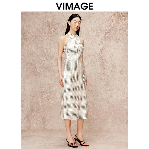 VIMAGE纬漫纪秋季新款修身挂脖显瘦波点印花礼服连衣裙V2207820 商品图2