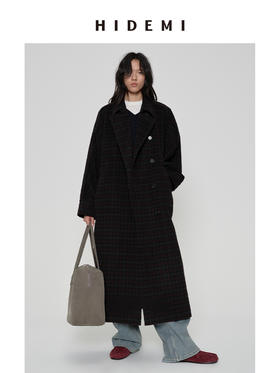 HIDEMI 甄选色织格纹羊毛翻领斗篷式大廓形蝙蝠袖长款大衣