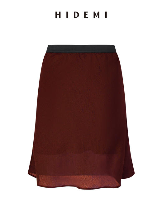 HIDEMI 极简法式松紧腰双层砂洗缎面中裙半身裙 复古黑/复古红/复古绿 商品图10
