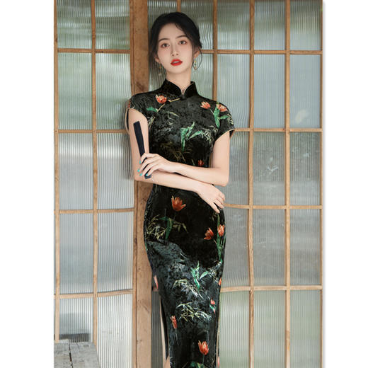 复古国风长款，丝绒连袖旗袍GX-22570 商品图1