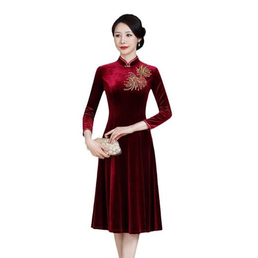 HYX-24-7866秋装新款改良复古韩国绒旗袍时尚旗袍连衣裙大摆裙年轻中长款长袖 商品图4