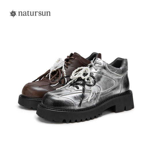natursun复古牛津鞋秋冬季珍珠饰花小皮鞋马丁靴深口厚底单鞋N24559213 商品图4