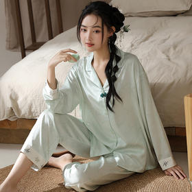 新中式盘扣国风春秋季新款睡衣冰雪丝长袖国潮睡衣优雅端庄家居服休闲舒适套装