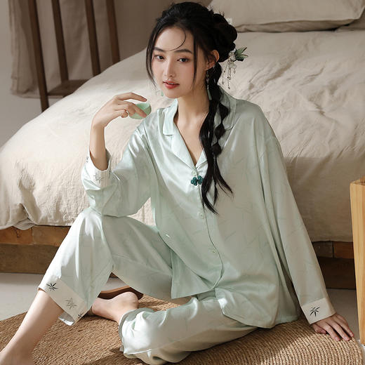新中式盘扣国风春秋季新款睡衣冰雪丝长袖国潮睡衣优雅端庄家居服休闲舒适套装 商品图0