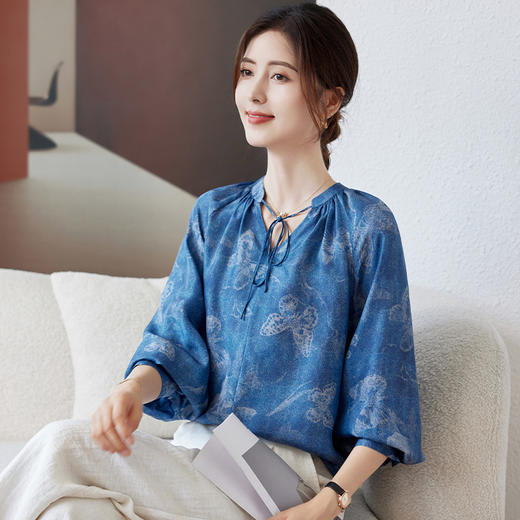 桑蚕丝宽松显瘦，系带牛仔蓝长袖衬衫KQN-11336 商品图2