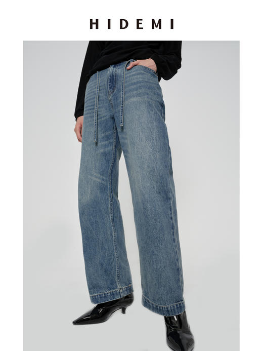 HIDEMI 多重水洗可拆卸腰带式阔腿九分裤牛仔裤 商品图0