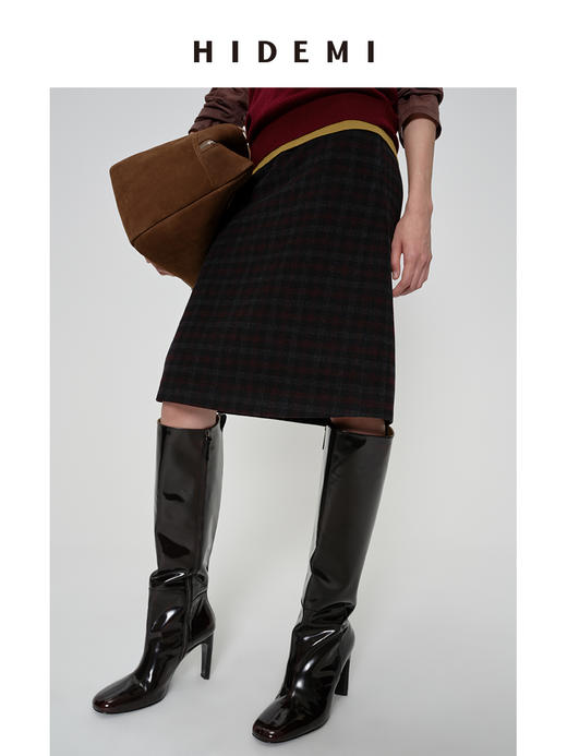 HIDEMI 甄选色织格纹羊毛立裁一片式半身裙中裙 商品图1