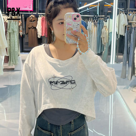 P&X设计师女装春秋季圆领T恤两件套短款上衣 824115849 白/灰 商品图0