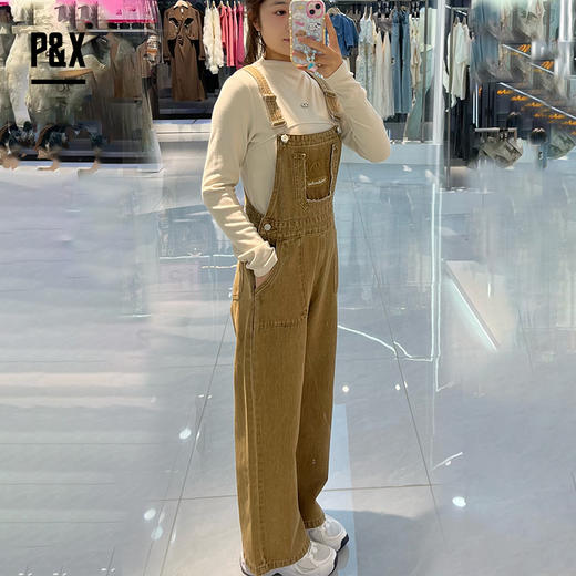 P&X设计师女装春秋款减龄休闲显瘦牛仔背带长裤 824130098 卡其 商品图1