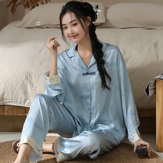 新中式盘扣国风春秋季新款睡衣冰雪丝长袖国潮睡衣优雅端庄家居服休闲舒适套装 商品图10
