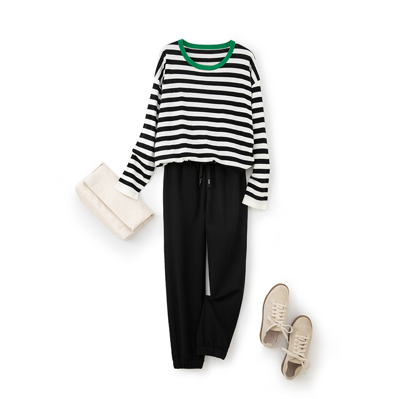 52939  IN AND ON桑蚕丝休闲卫衣卫裤套装宽松条纹毛衣