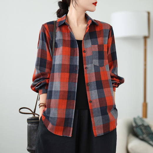 新款2024春秋季新款复古文艺双层棉纱格纹衬衫长袖百搭格子衬衣 商品图2