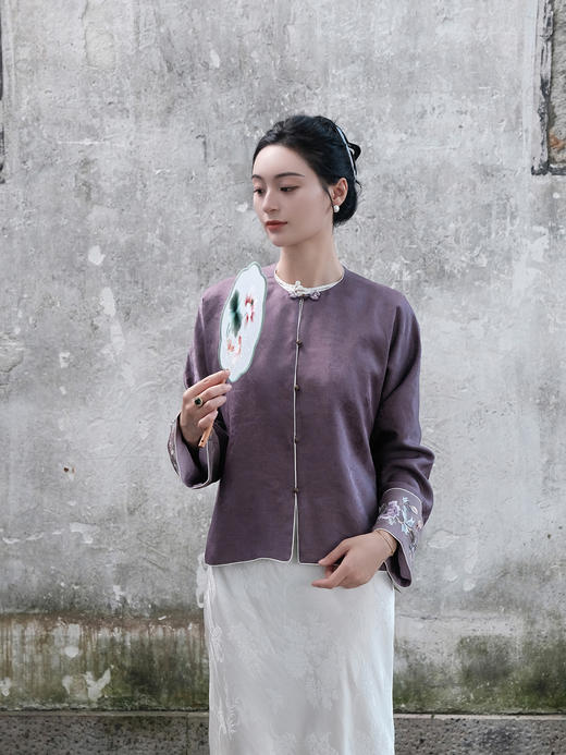 盛唐牡丹 |真丝手工刺绣海棠花纹外套-紫色 商品图0