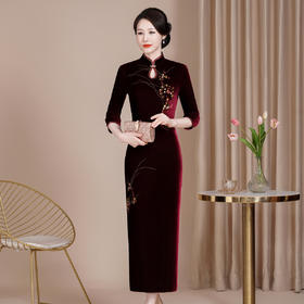 HYX-24-7871新款修身改良丝绒旗袍裙大码婚宴礼服长款喜婆婆新款
