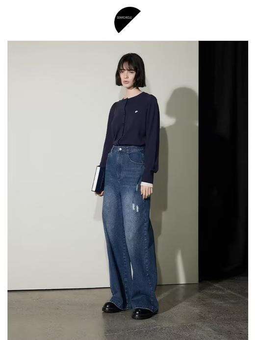 半圆/D24310332/猫须水洗破洞复古牛仔裤 商品图2