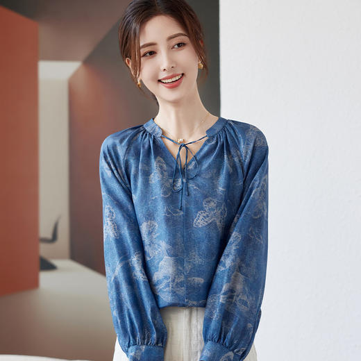 桑蚕丝宽松显瘦，系带牛仔蓝长袖衬衫KQN-11336 商品图1