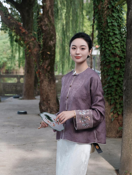 盛唐牡丹 |真丝手工刺绣海棠花纹外套-紫色 商品图2