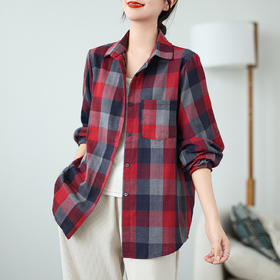 新款2024春秋季新款复古文艺双层棉纱格纹衬衫长袖百搭格子衬衣