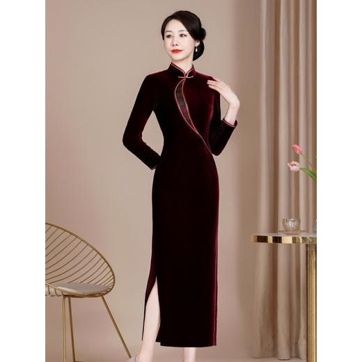 HYX-24-7873新款修身改良丝绒旗袍裙大码喜妈妈婚宴礼服长款喜婆婆红色 商品图2