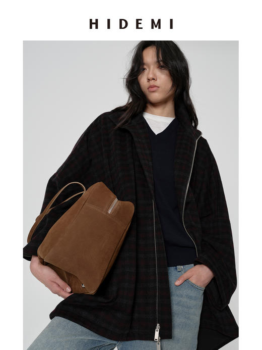 HIDEMI 甄选色织格纹羊毛拉链伞状极简廓形设计感大衣外套 商品图4