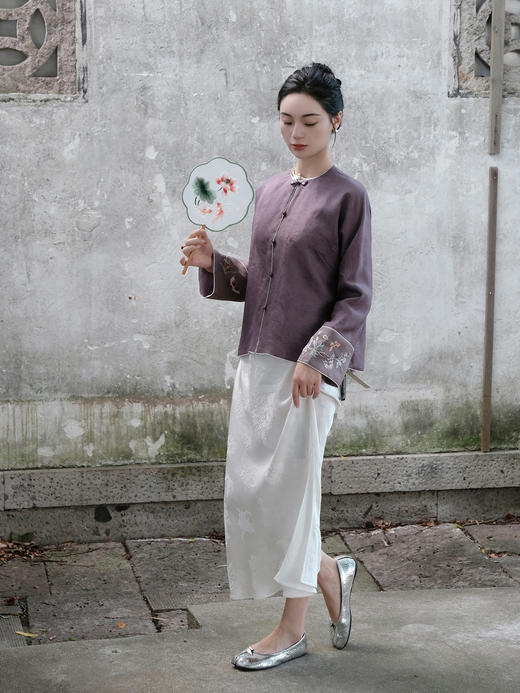 盛唐牡丹 |真丝手工刺绣海棠花纹外套-紫色 商品图1