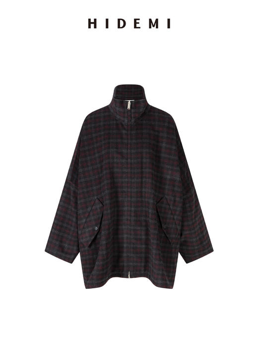 HIDEMI 甄选色织格纹羊毛拉链伞状极简廓形设计感大衣外套 商品图5