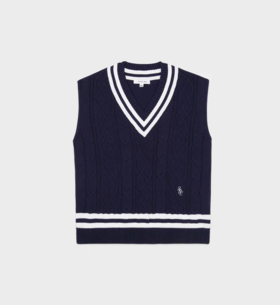 Sporty & Rich - SRC Cableknit Vest - Navy/White - 女装 - 背心 - 深蓝色