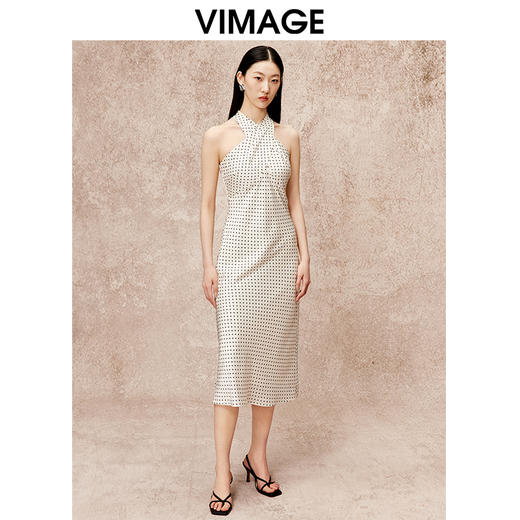 VIMAGE纬漫纪秋季新款修身挂脖显瘦波点印花礼服连衣裙V2207820 商品图5