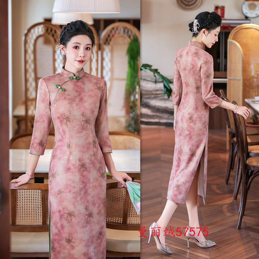 复古国风长款，曼丽绒七分袖旗袍GX-27575 商品图1