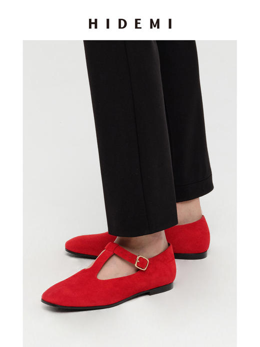 HIDEMI 【董生活同款】进口做旧麂皮复古方圆头宽带玛丽珍平底鞋 复古红/姜黄色/巧克力棕 商品图4