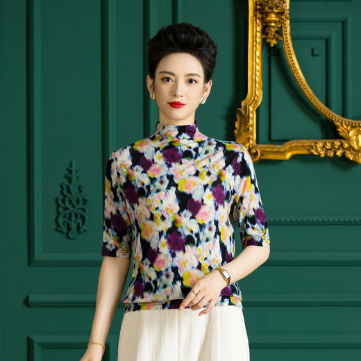 雀说薄款印花羊毛针织衫复古半高领毛衣女套头羊毛衫ALFY505 商品图3