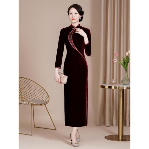 HYX-24-7873新款修身改良丝绒旗袍裙大码喜妈妈婚宴礼服长款喜婆婆红色 商品图4