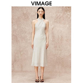 VIMAGE纬漫纪秋季新款修身挂脖显瘦波点印花礼服连衣裙V2207820